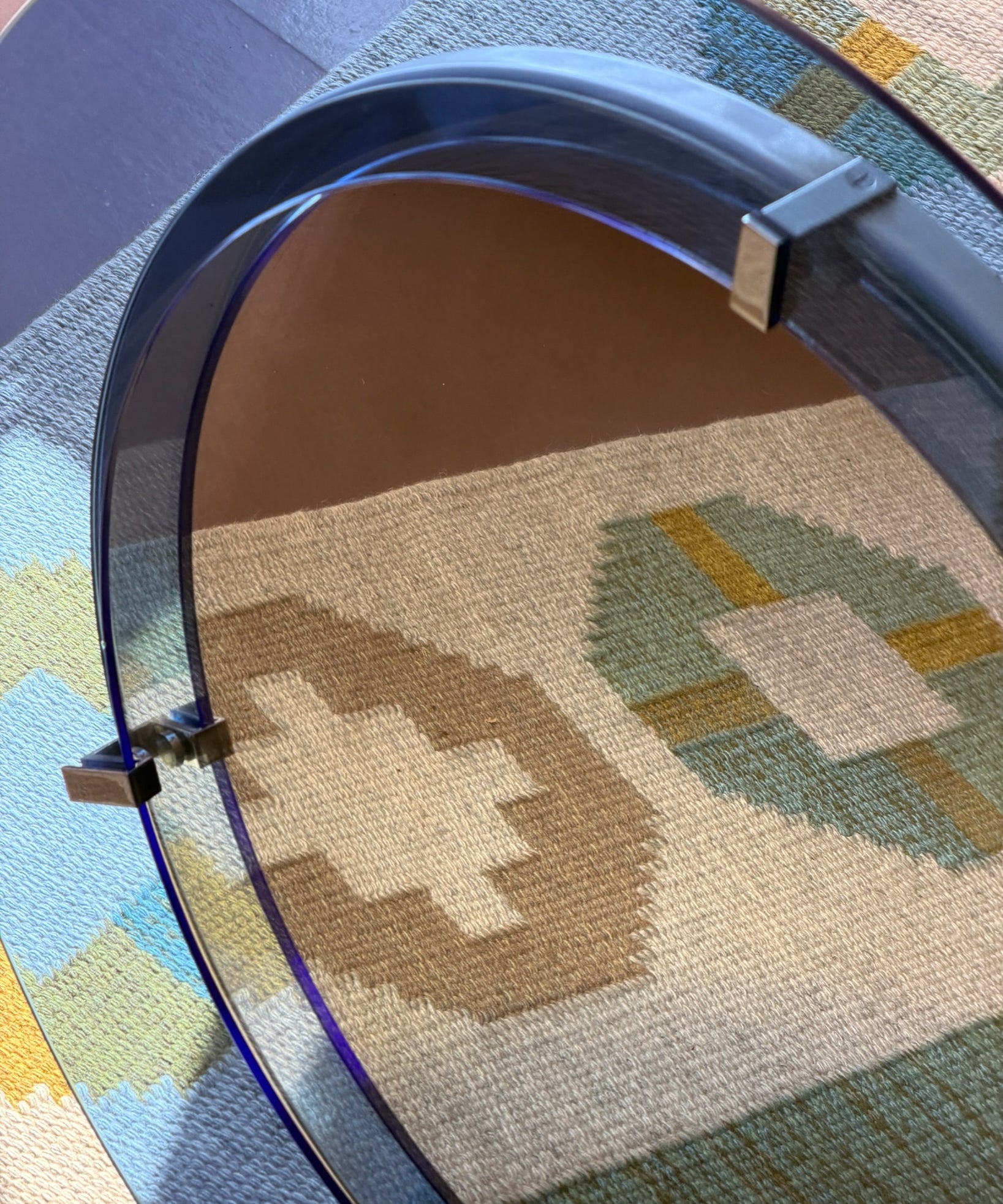 Vintage Italian round mirror with clear blue glass frame