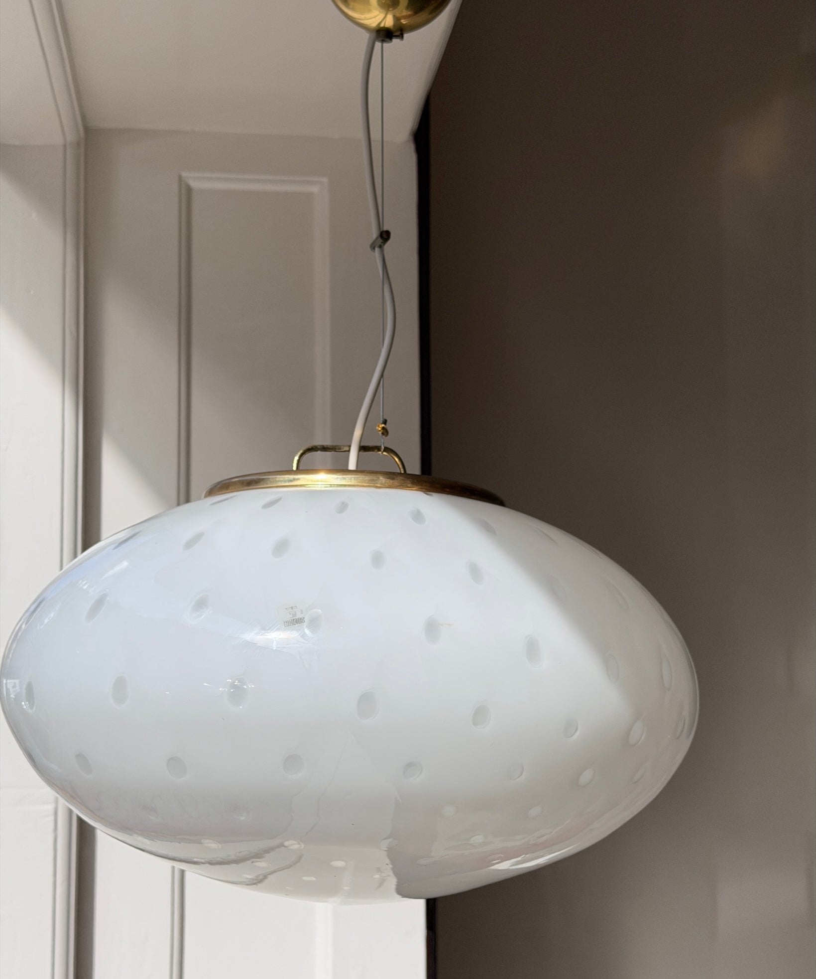 Vintage oval white dotted Murano ceiling lamp (D44)