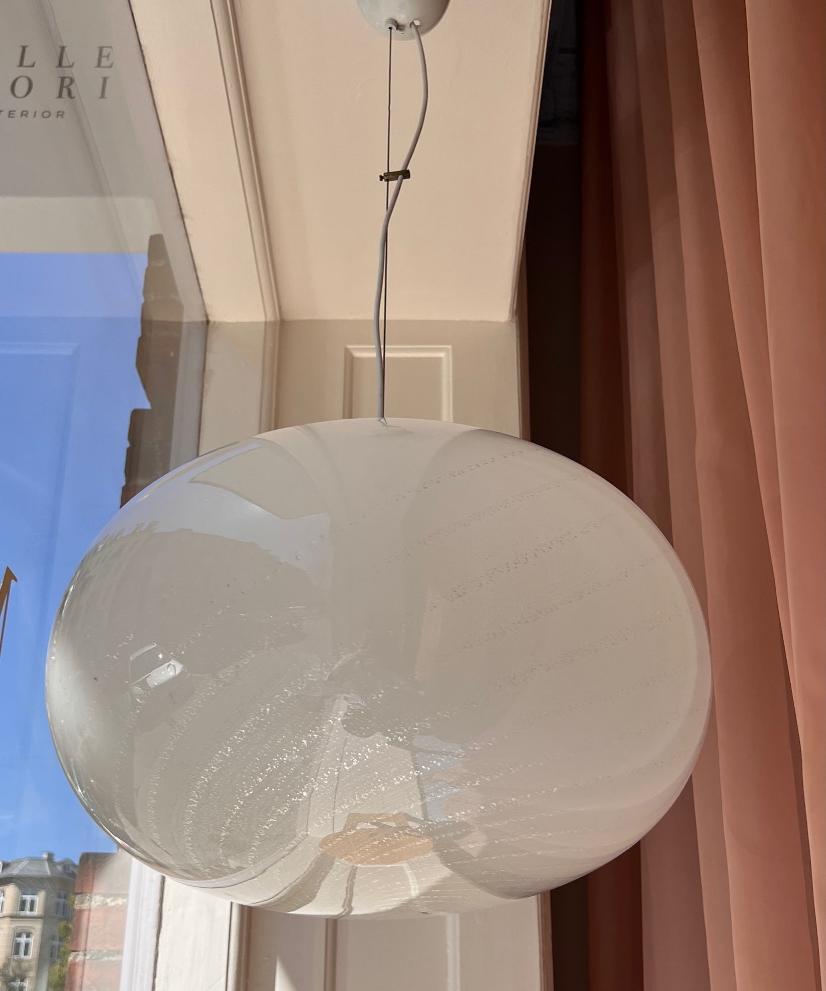 Large vintage oval silver/white swirl Murano ceiling lamp (D50)