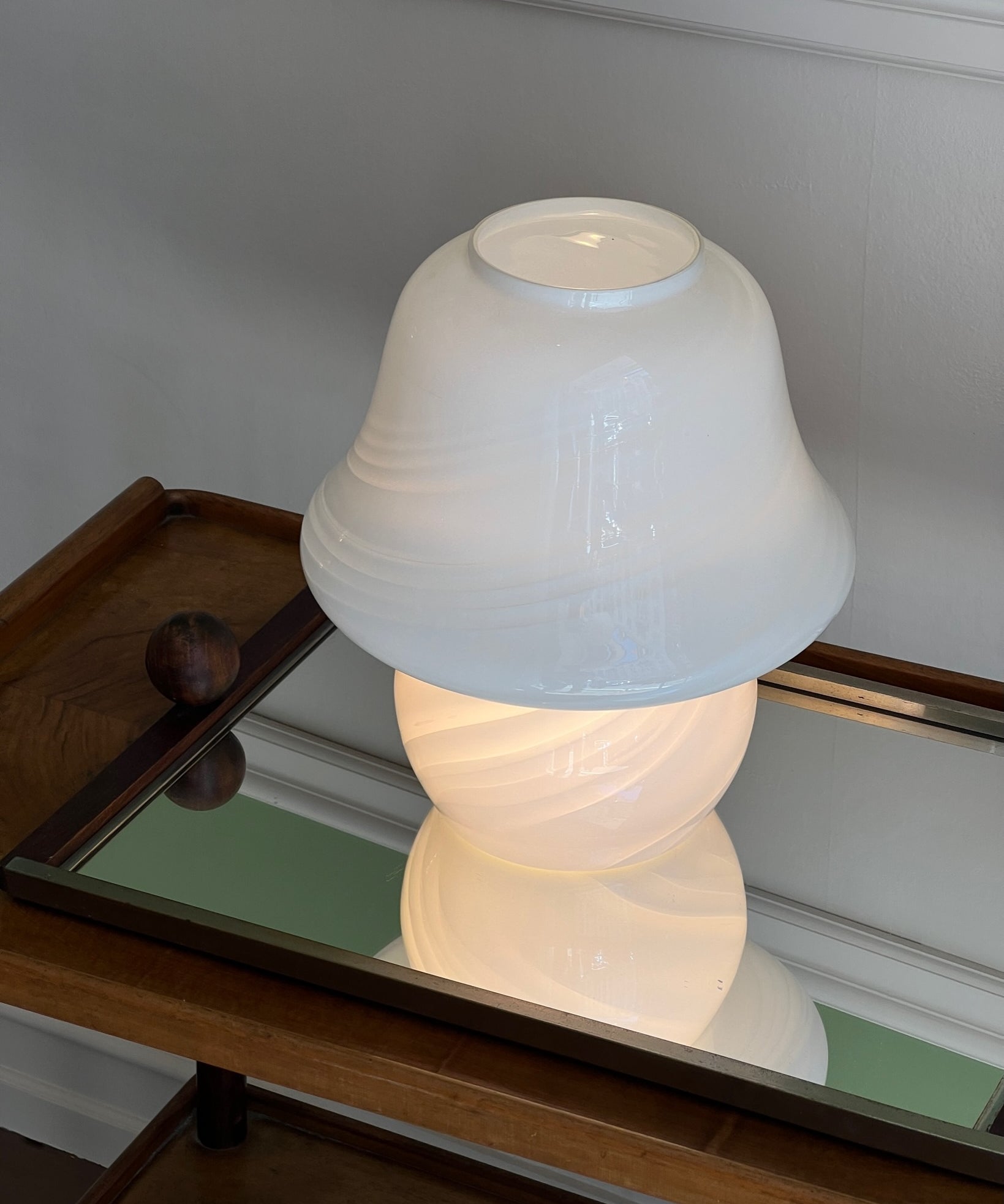 Vintage white swirl Murano mushroom table lamp