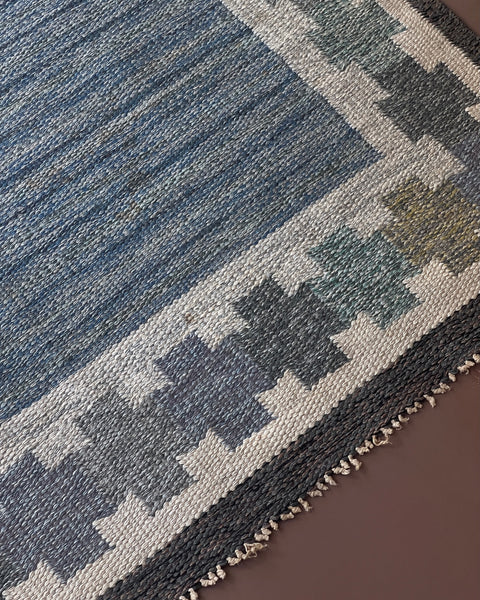 Vintage blue flat weave rug by Ingegerd Silow (IS)