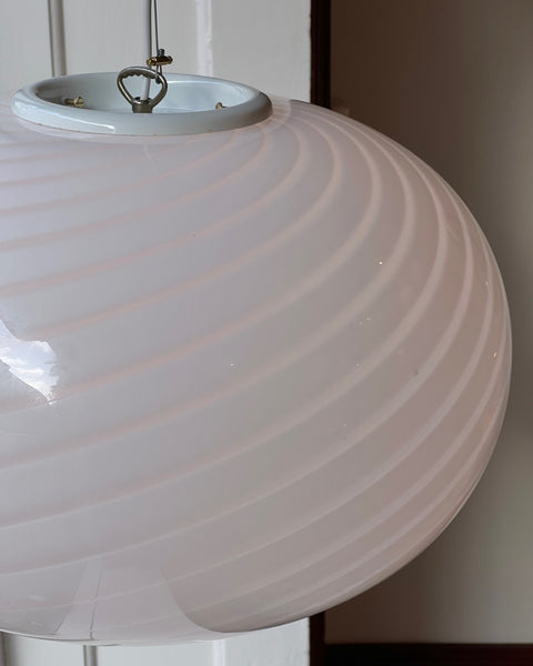 Large vintage oval white swirl Murano ceiling lamp (D50)