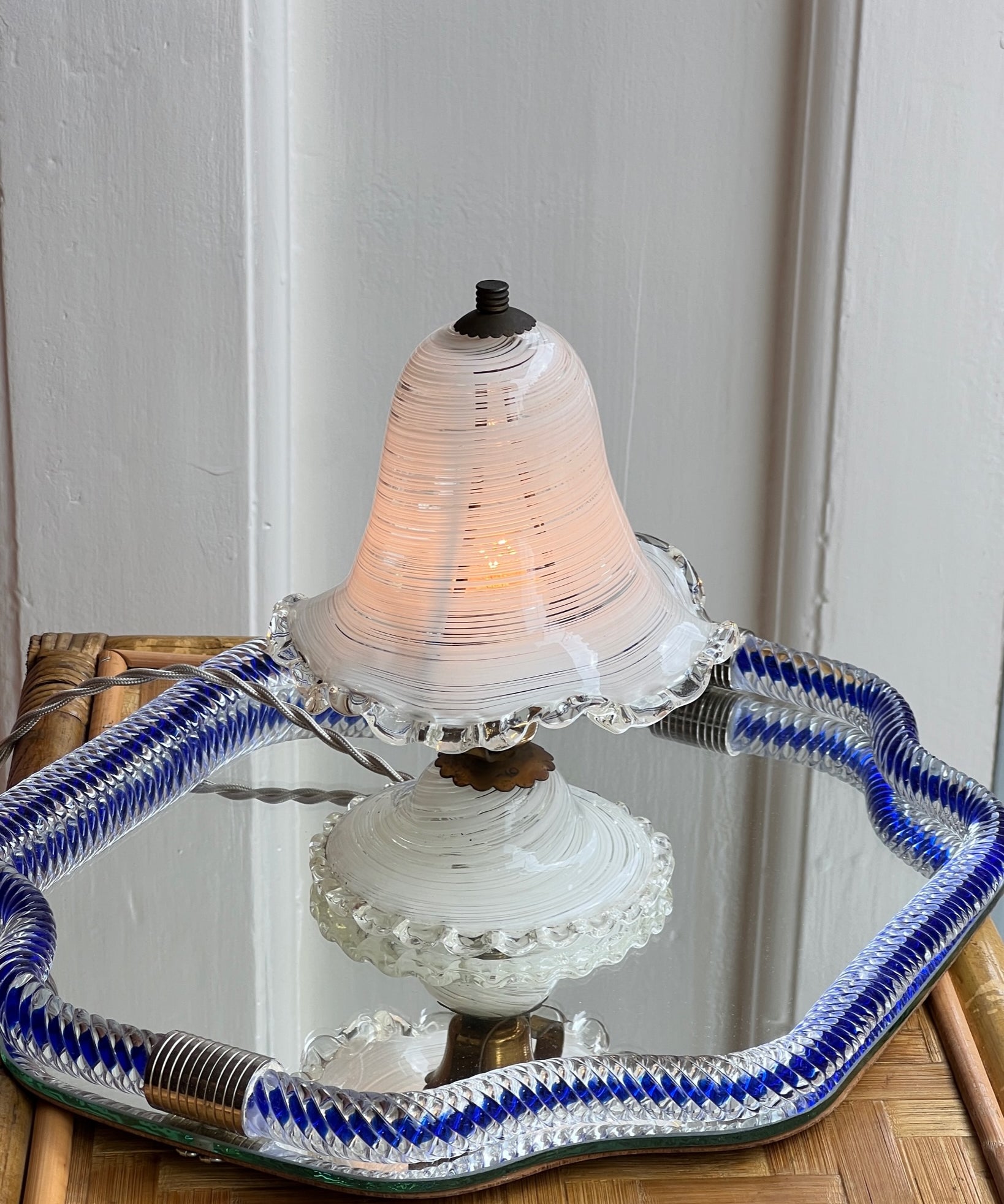 Vintage white/clear swirl Murano table lamp