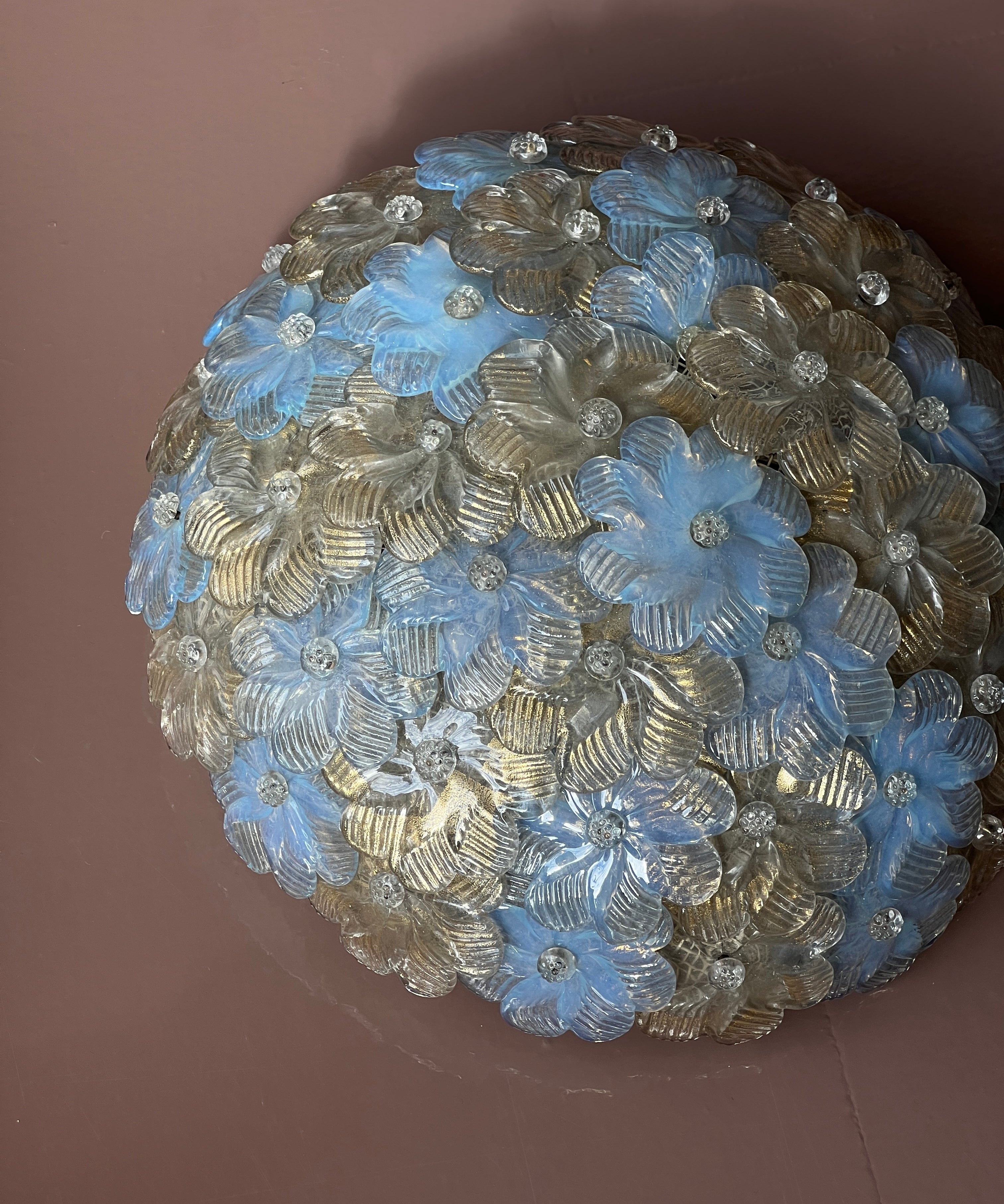 Vintage clear/golden/opal blue Murano flower ceiling/wall lamp (D35)