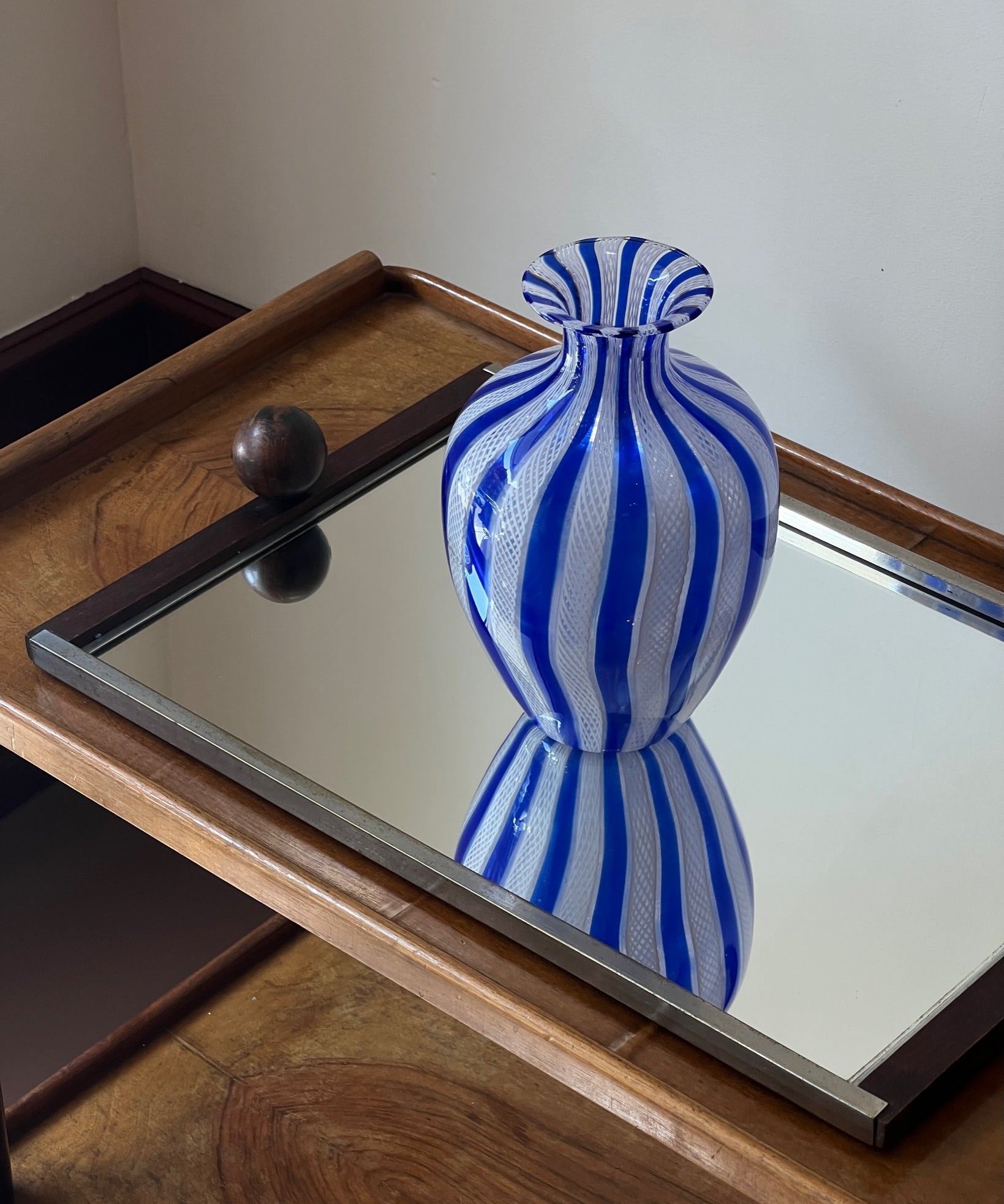 Vintage blue/white Murano latticino vase