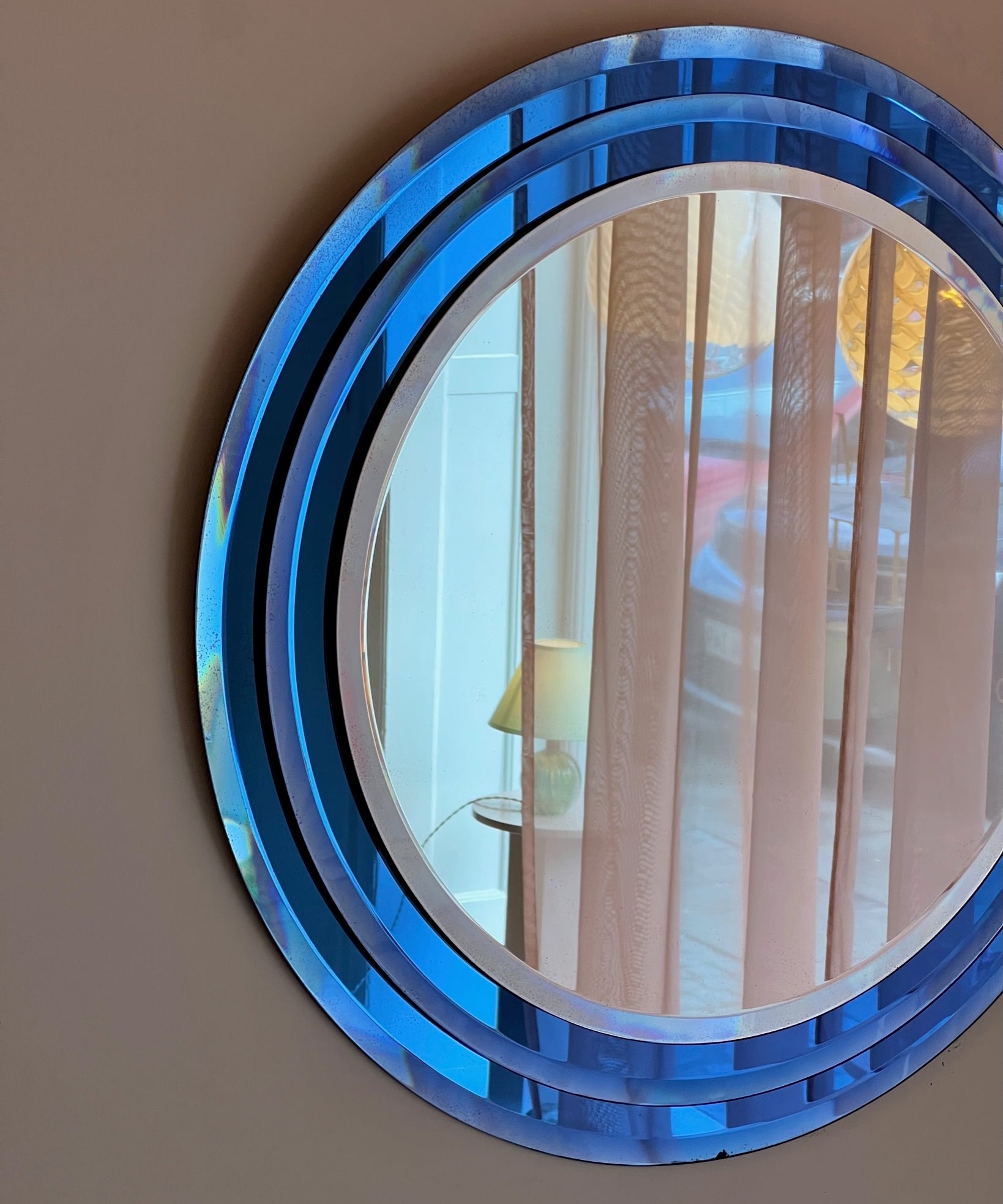 Round vintage Italian mirror with blue frame