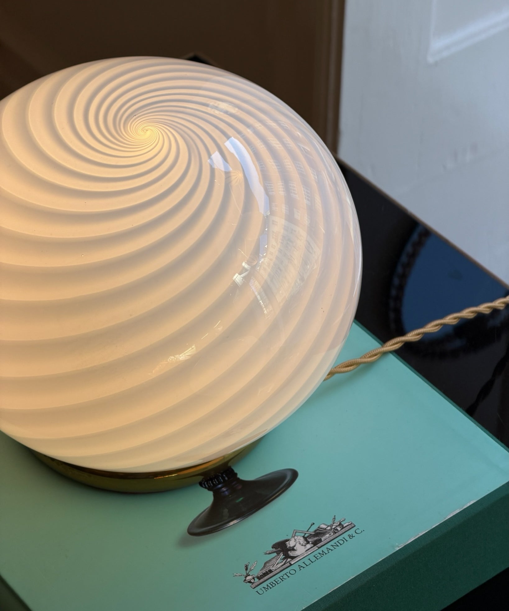 Vintage light blue swirl round Murano table lamp (2 available)