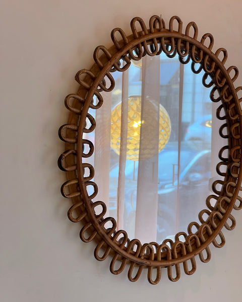 Vintage Italian mirror with round rattan frame