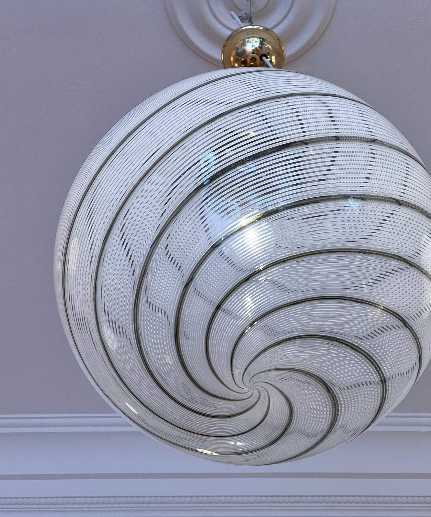Vintage white/grey/clear Murano swirl ceiling lamp (D45)