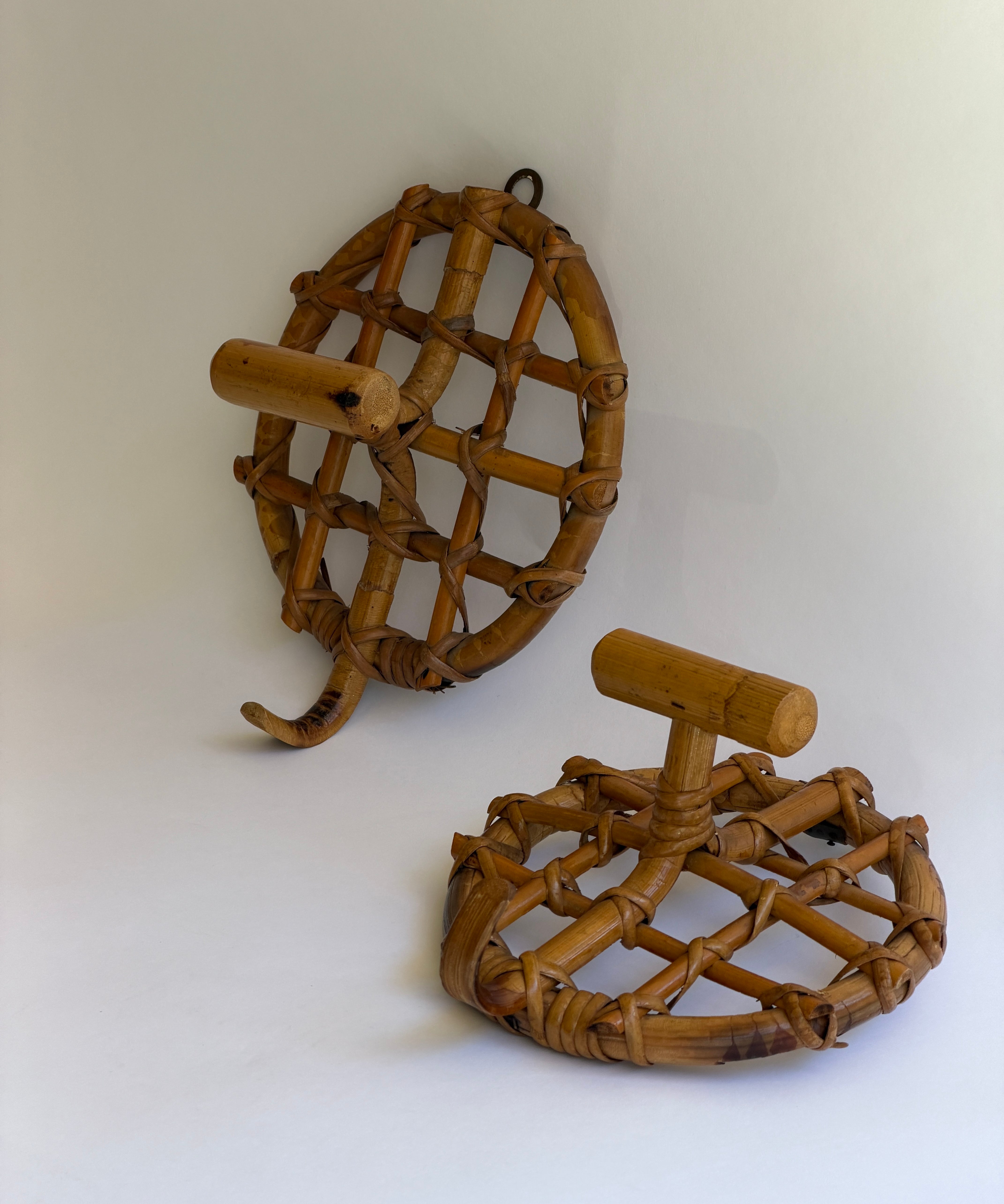Set of two vintage rattan coat hooks, Italy 1960s