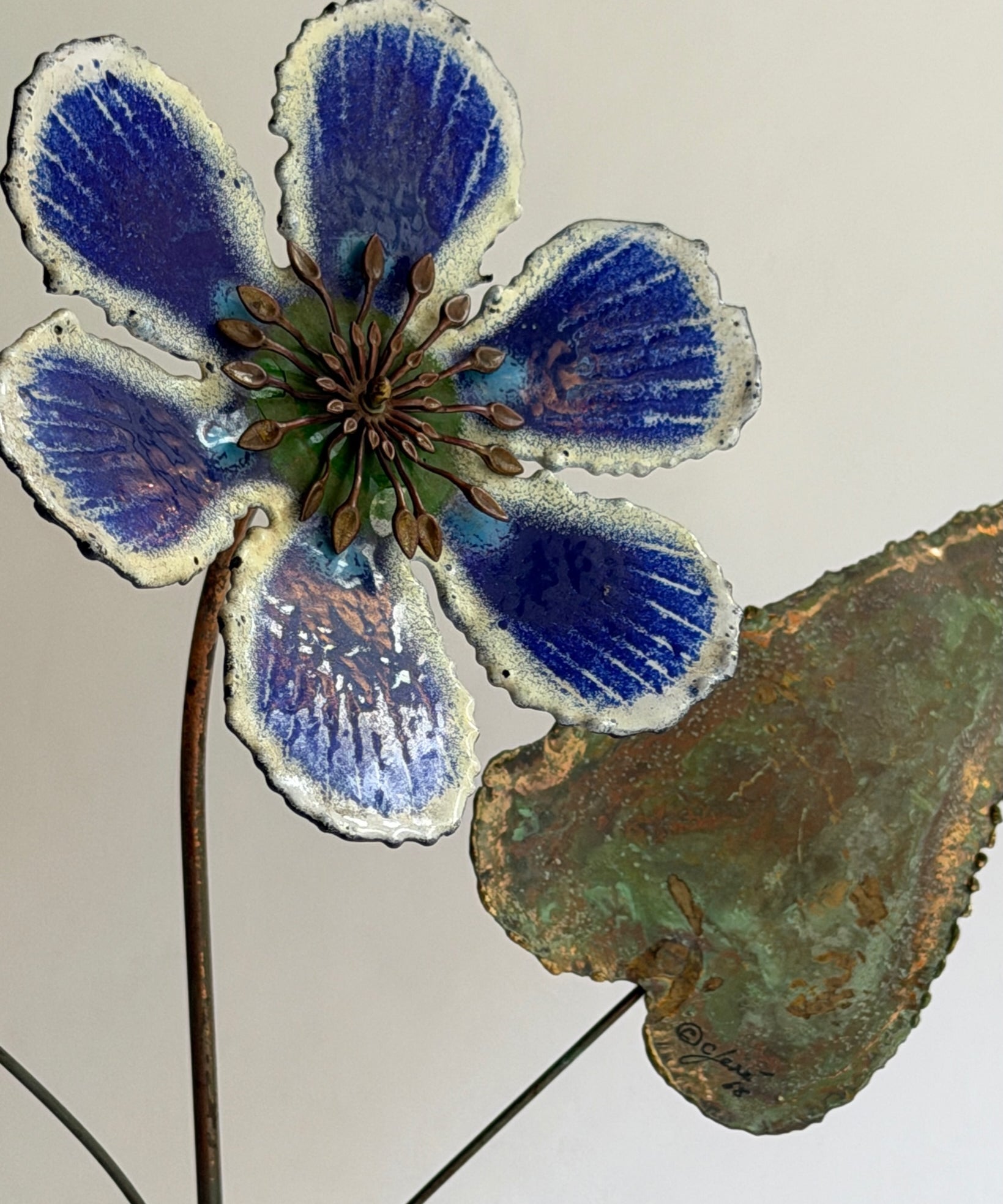 Vintage Curtis Jere blue enamel flower sculpture (stand or wall)