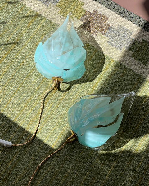 Pair of large vintage blue Murano leaf wall lamps (Sold as a pair)