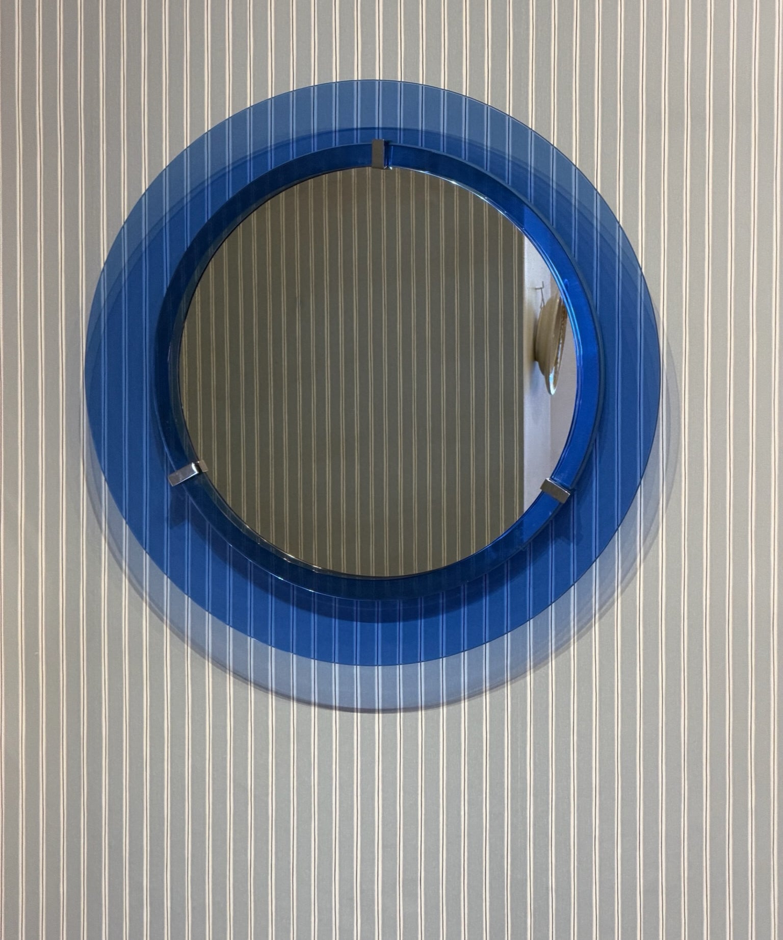 Vintage Italian round mirror with clear blue glass frame