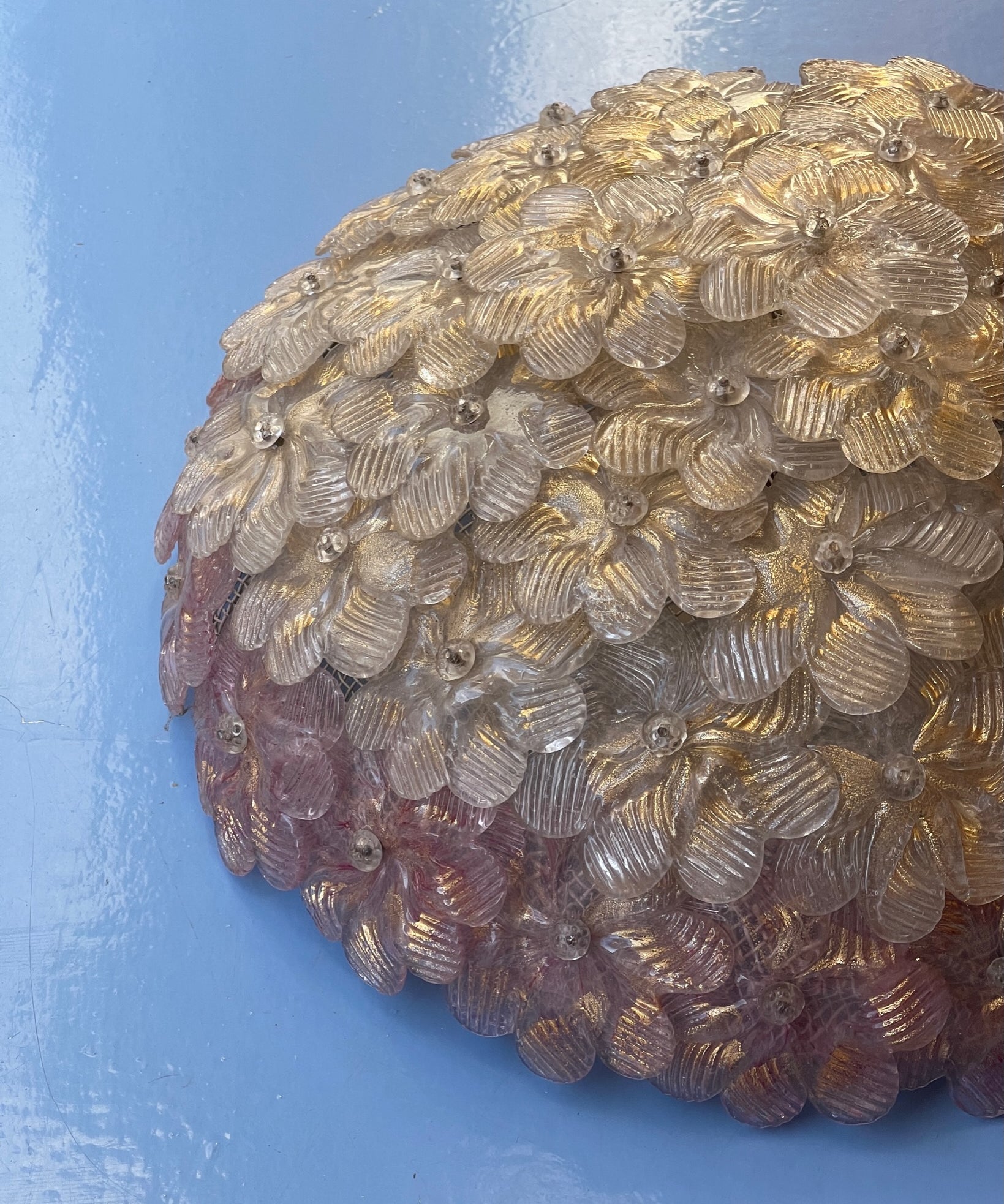 Vintage clear/golden/pink Murano flower ceiling/wall lamp (D40)