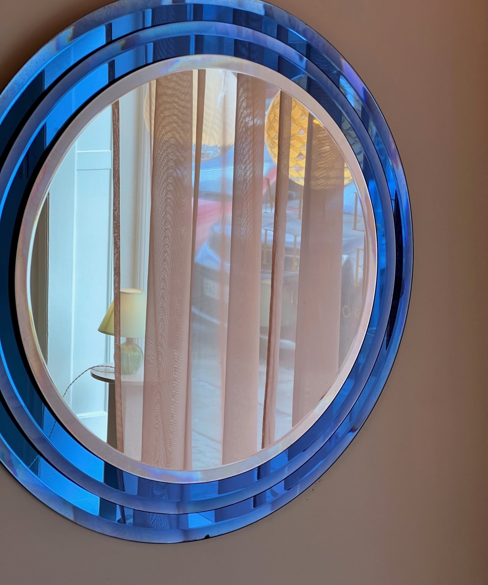 Round vintage Italian mirror with blue frame
