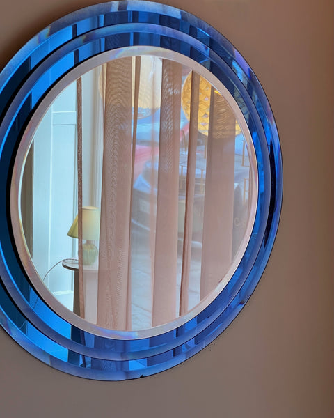 Round vintage Italian mirror with blue frame