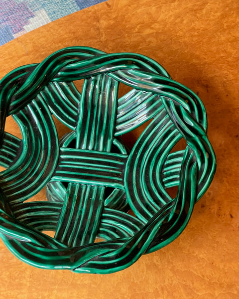 Vintage green ceramic basket