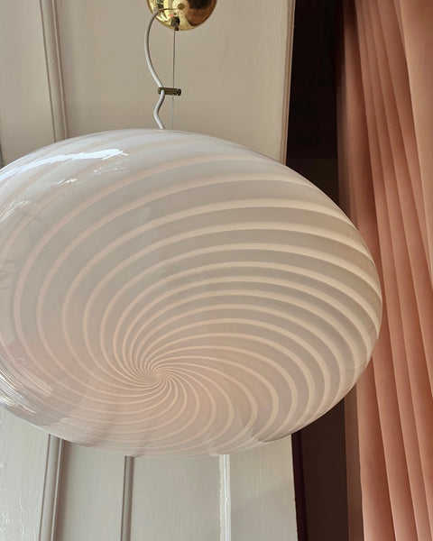 Large vintage oval white swirl Murano ceiling lamp (D50)