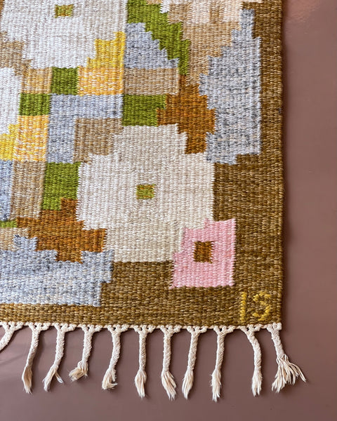 Vintage brown muli-coloured flat weave rug by Ingegerd Silow (IS)