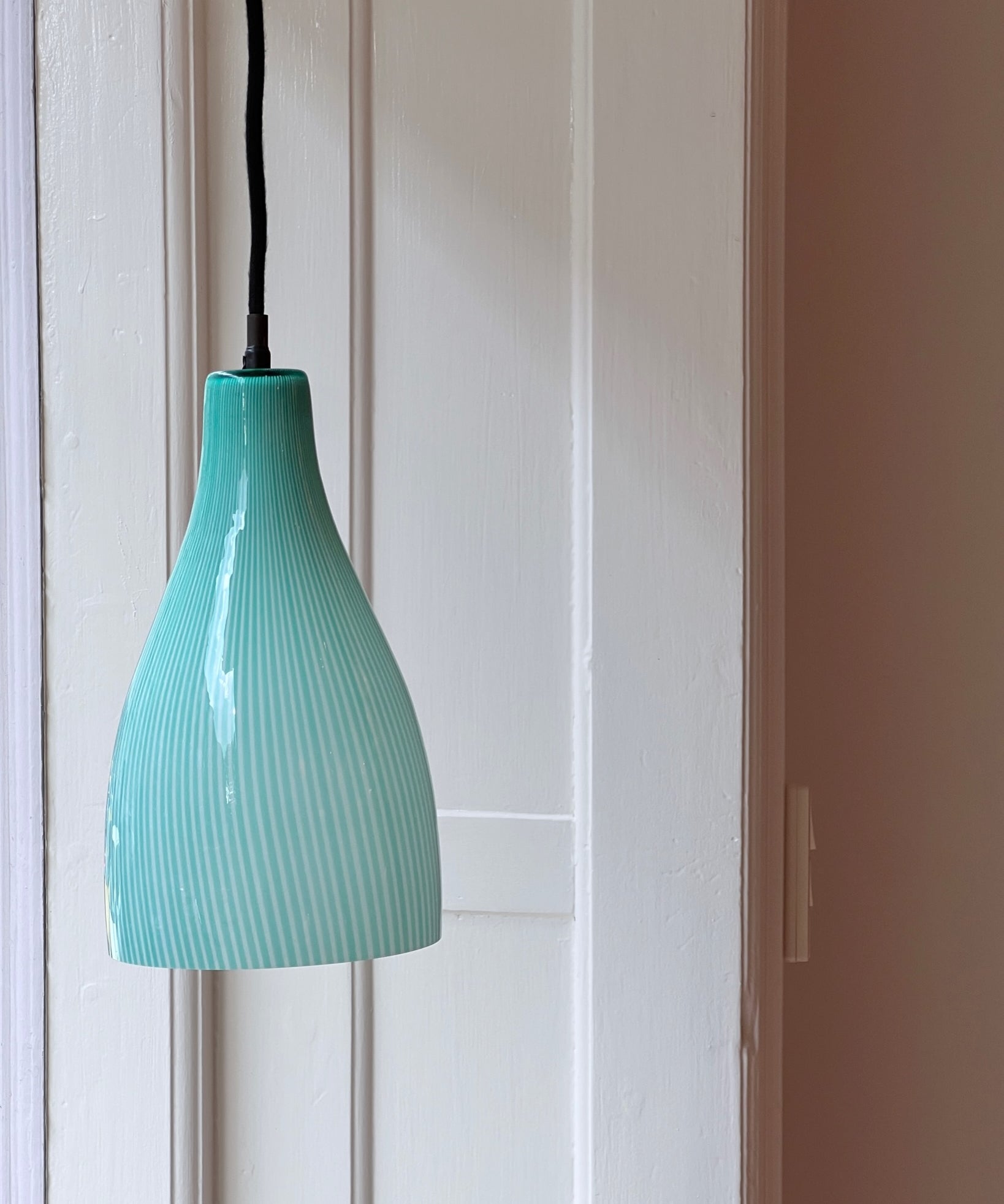 Vintage Massimo Vignelli green vertical stripes Venini Murano ceiling lamp