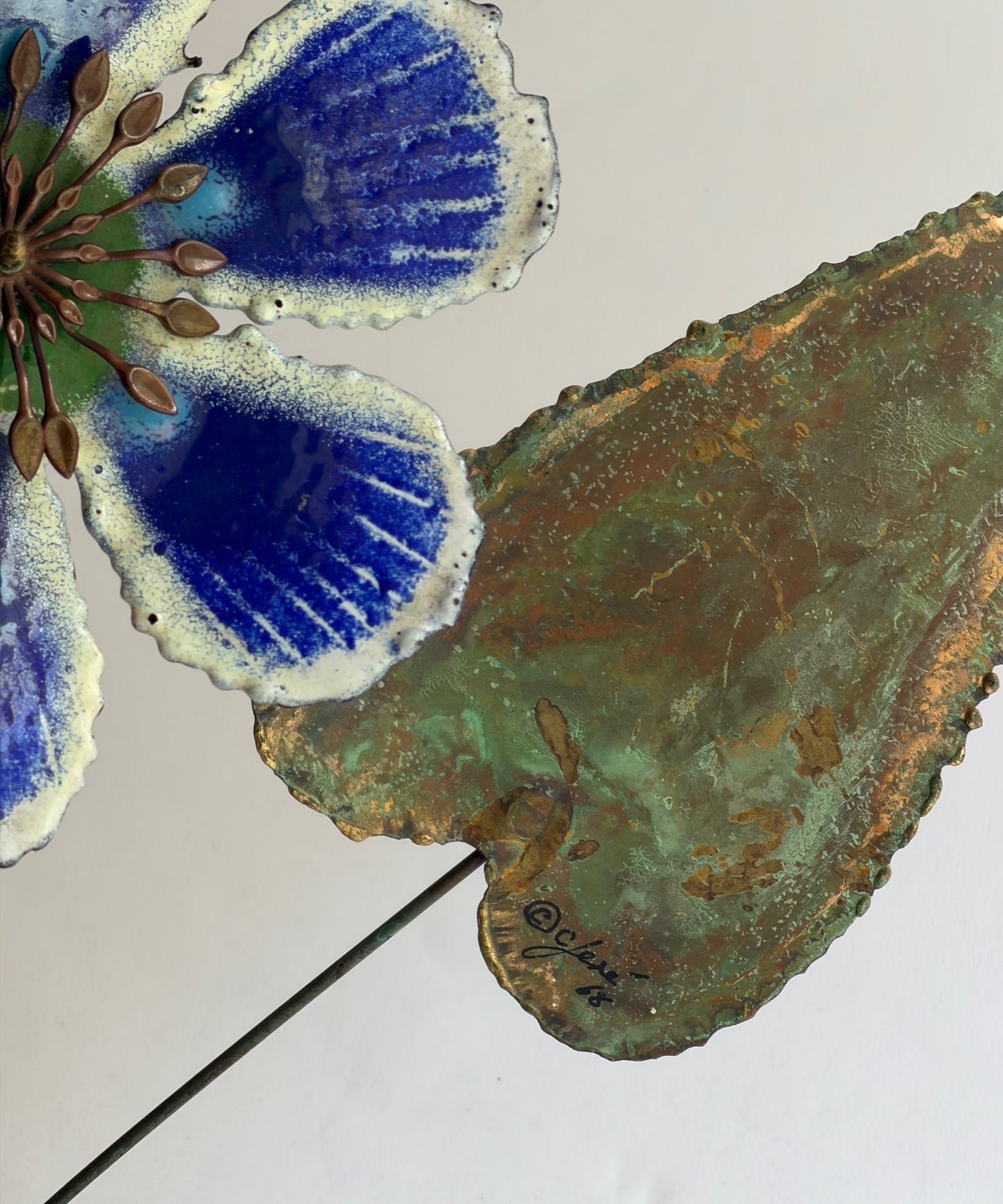 Vintage Curtis Jere blue enamel flower sculpture (stand or wall)
