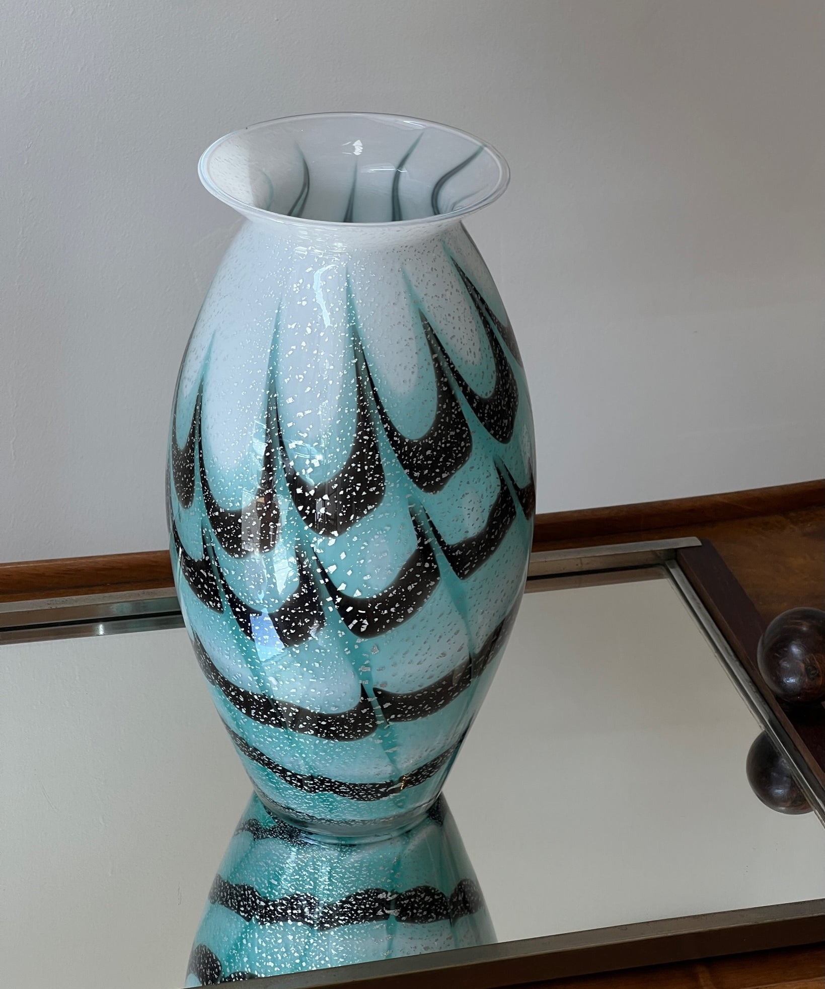 Vintage turquoise/black/silver Murano vase