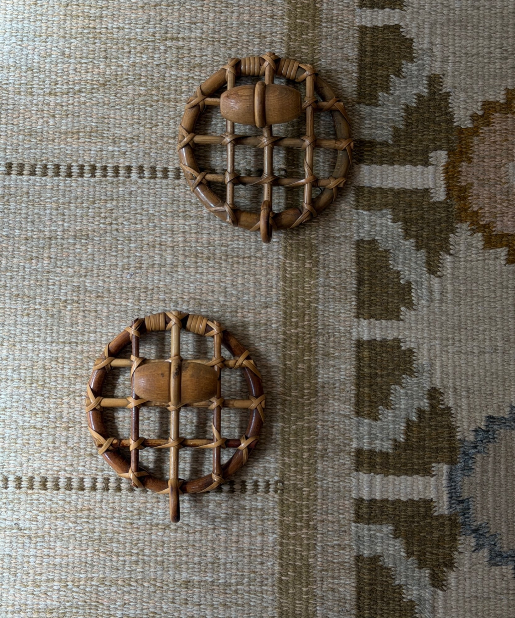Set of vintage rattan coat hooks