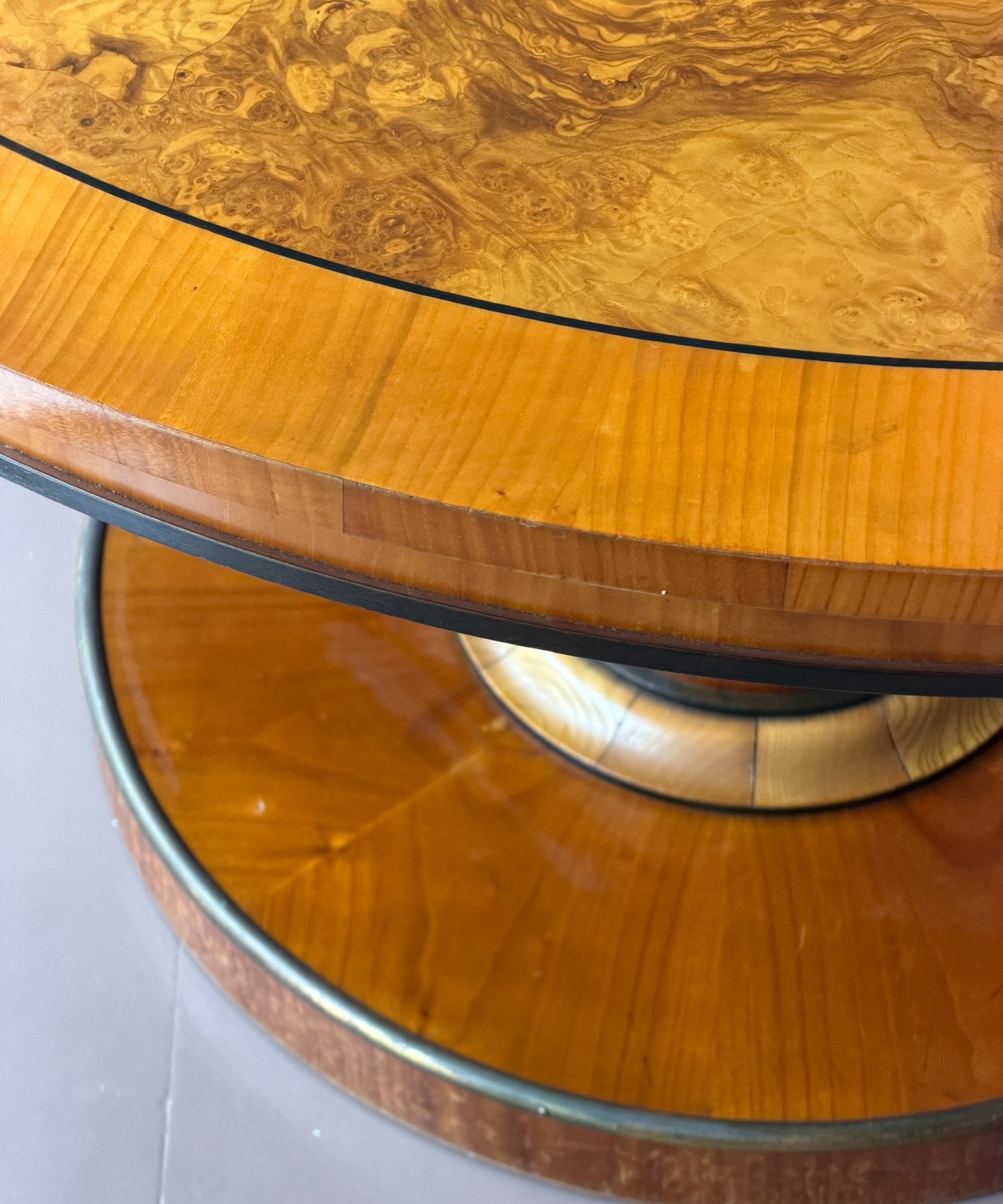 Vintage round lacquered burl wood dining table