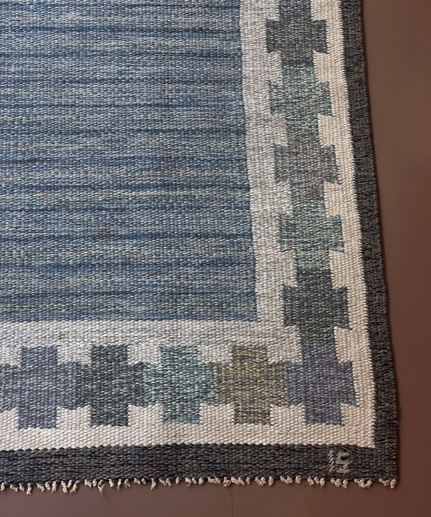 Vintage blue flat weave rug by Ingegerd Silow (IS)