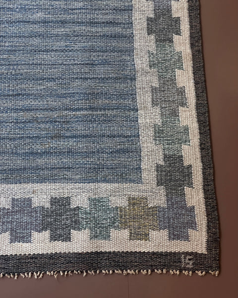 Vintage blue flat weave rug by Ingegerd Silow (IS)