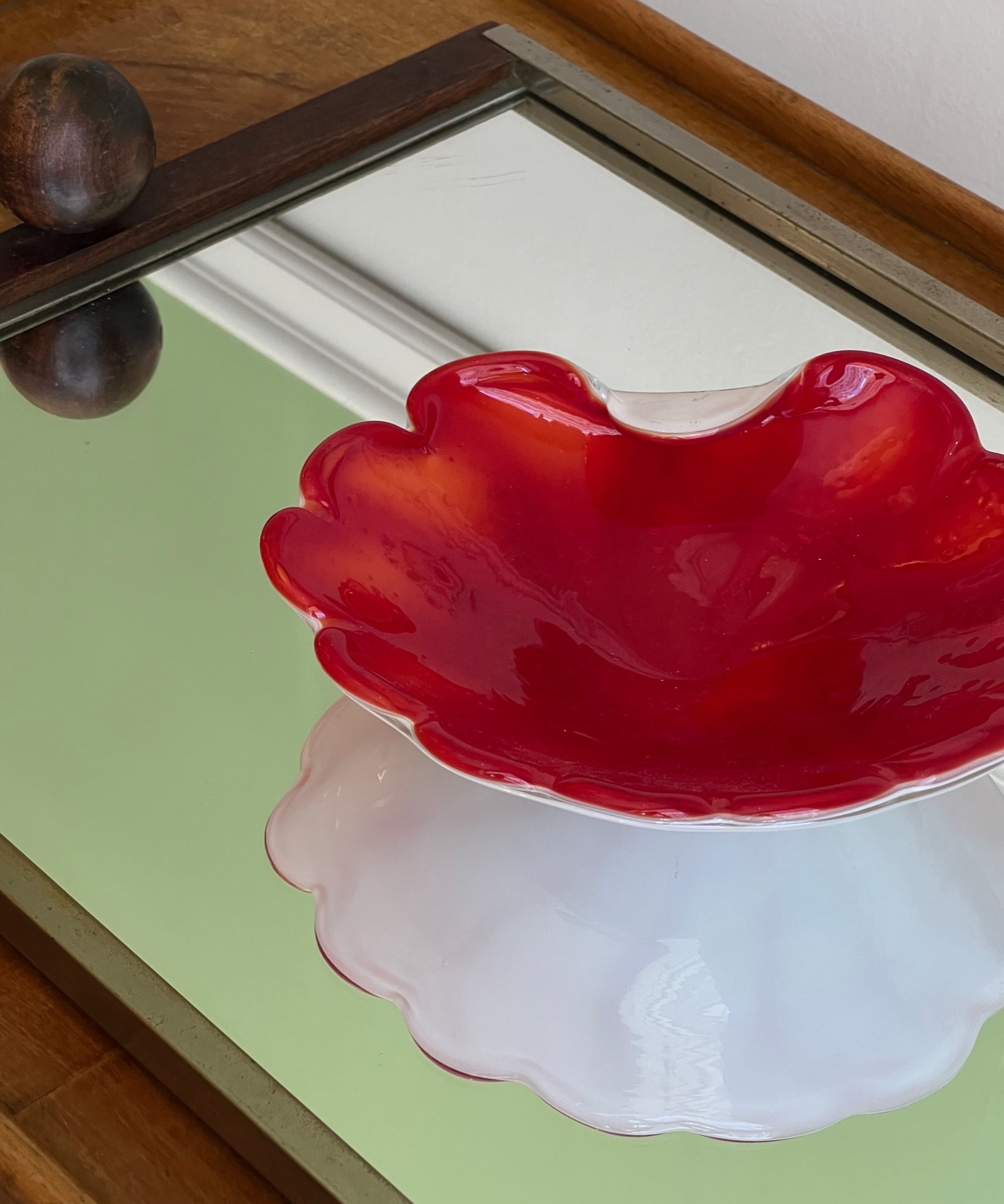 Vintage red / white Murano shell bowl