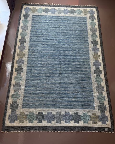 Vintage blue flat weave rug by Ingegerd Silow (IS)