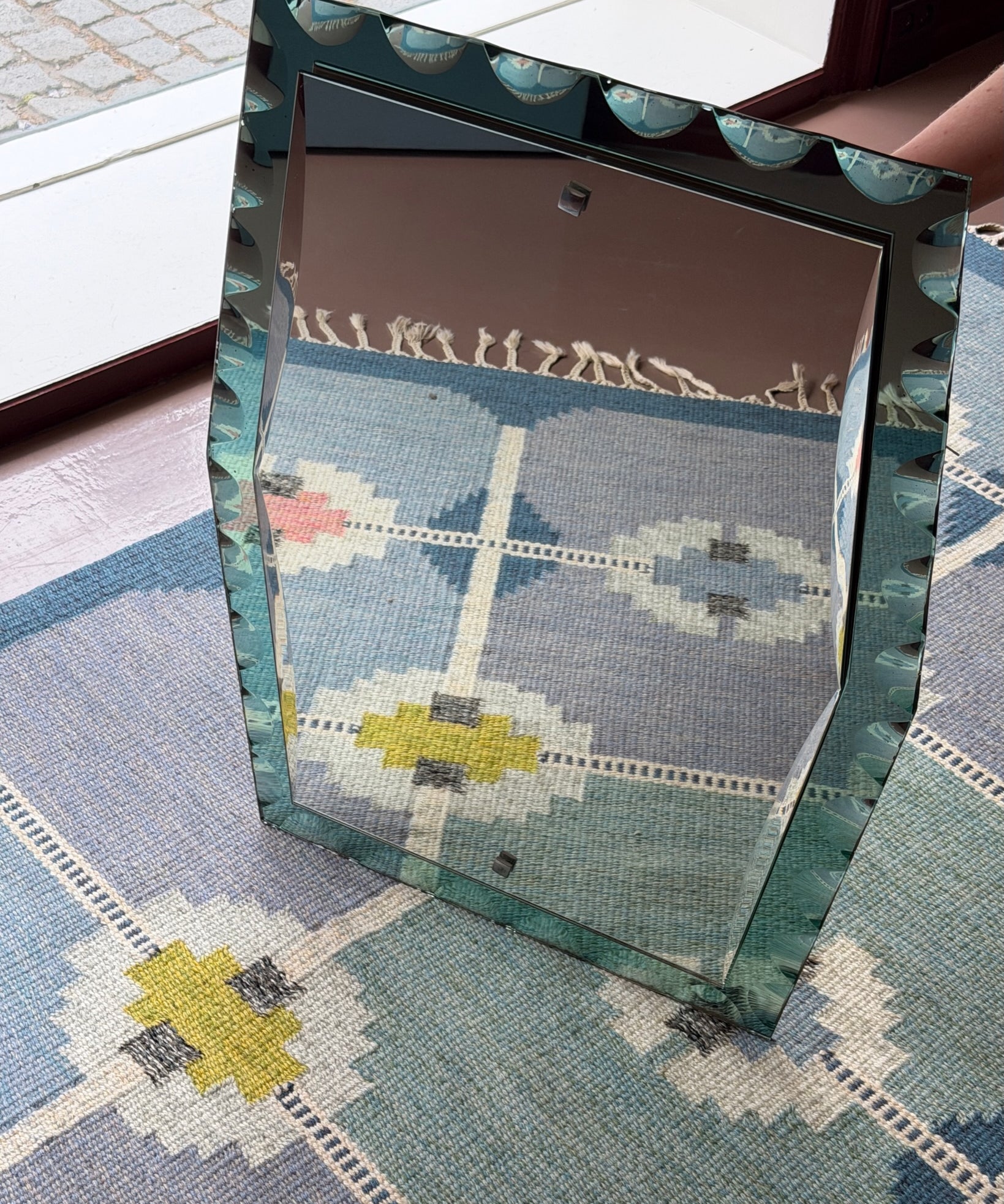 Vintage Italian mirror with faceted turquoise mirror frame