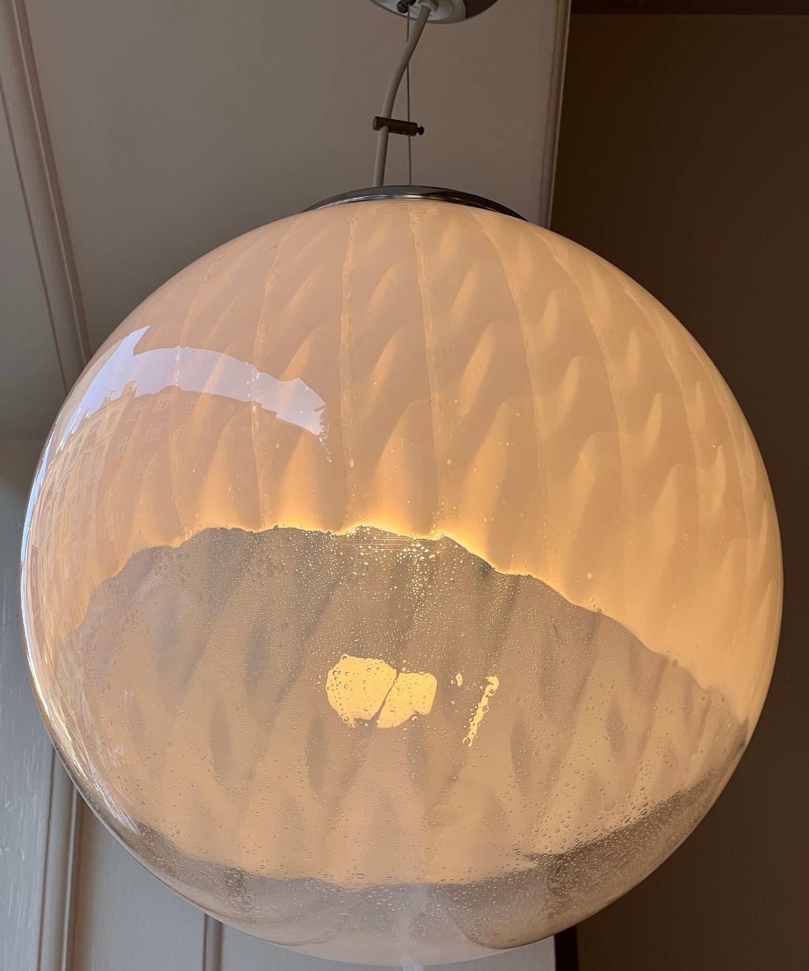 Large vintage white clear Murano ceiling lamp (D50)