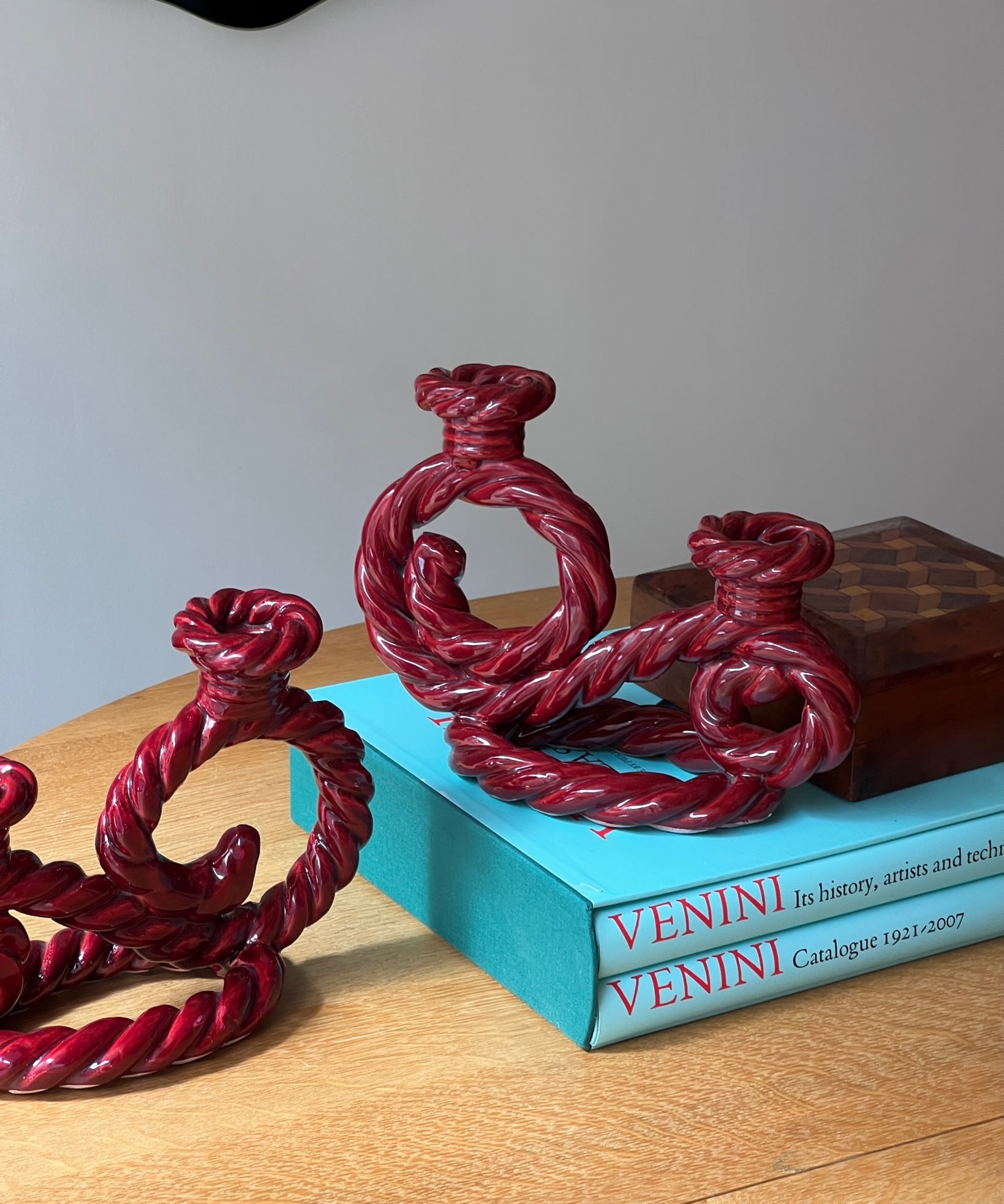 Vintage burgundy twisted ceramic candle holder (1 available)