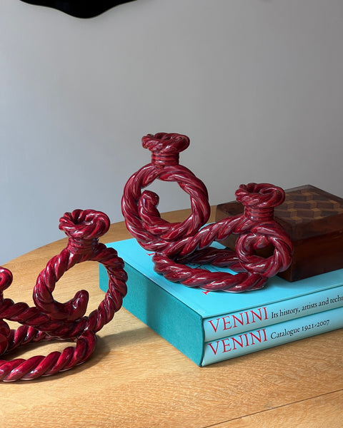 Vintage burgundy twisted ceramic candle holder (2 available)