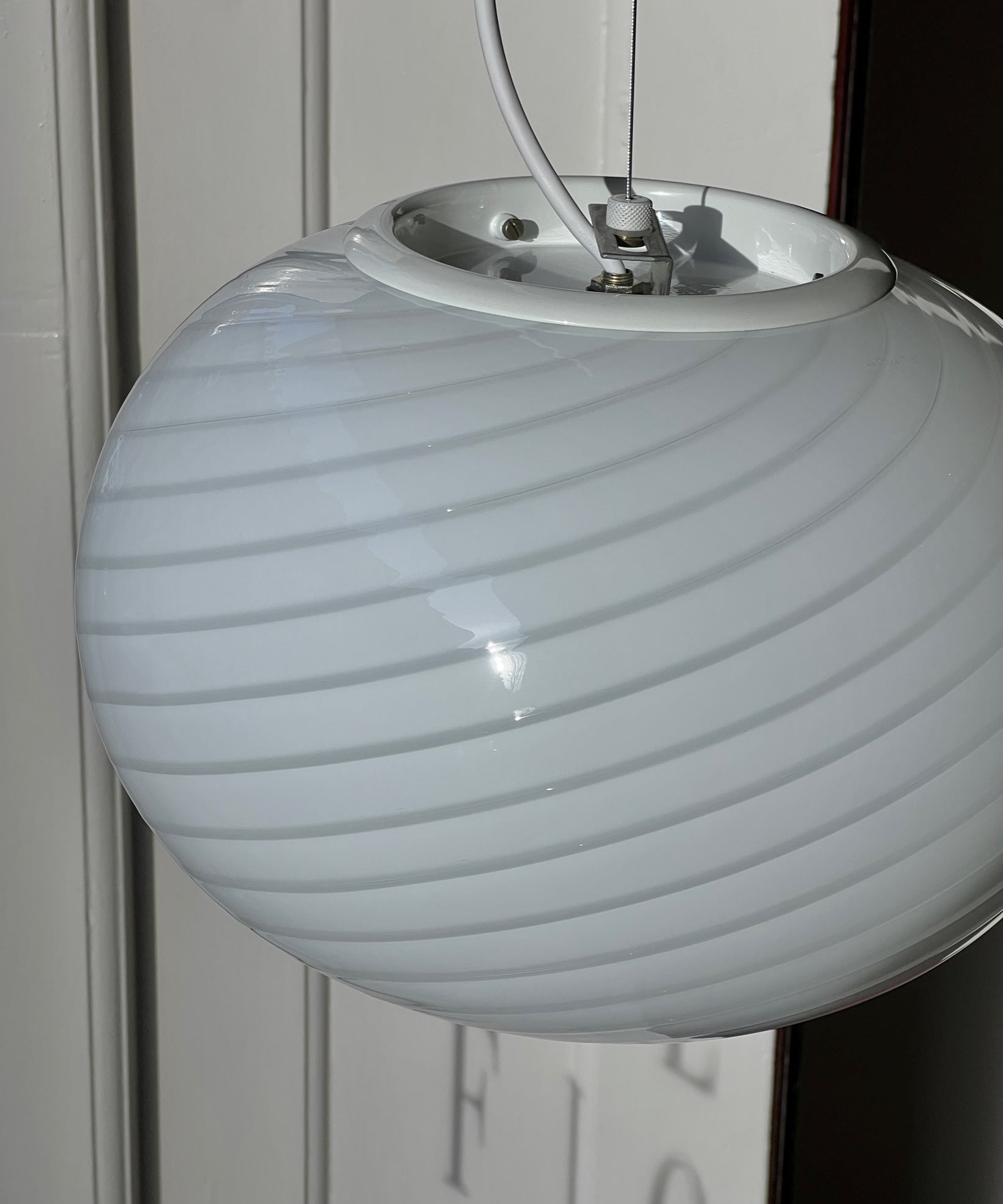 Vintage Murano oval white swirl ceiling lamp (D35)