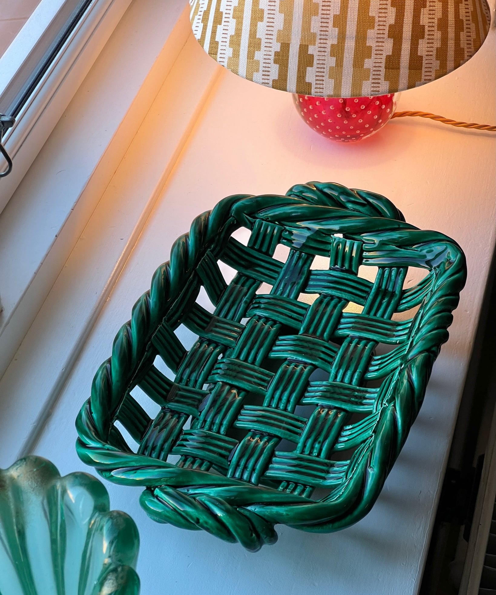 Vintage green ceramic basket