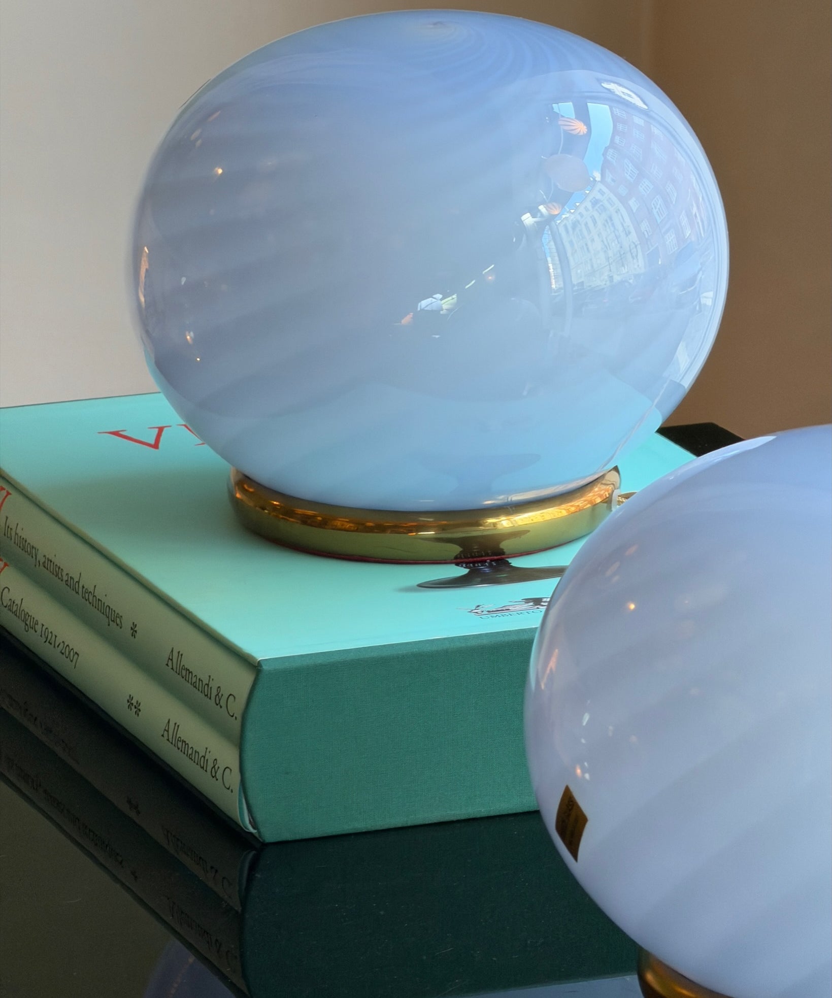 Vintage light blue swirl round Murano table lamp (2 available)