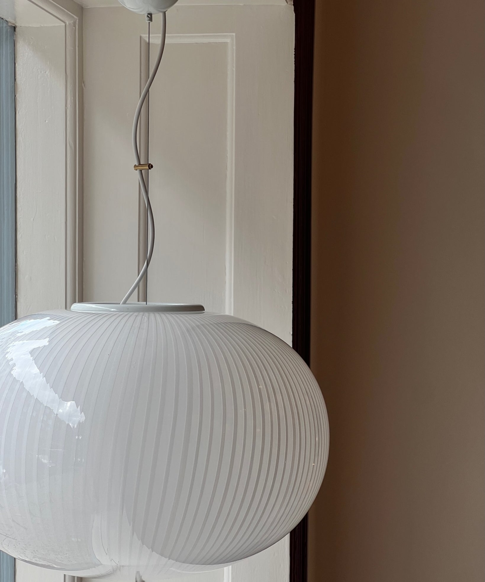 Large vintage oval white vertical stripes Murano ceiling lamp (D50)