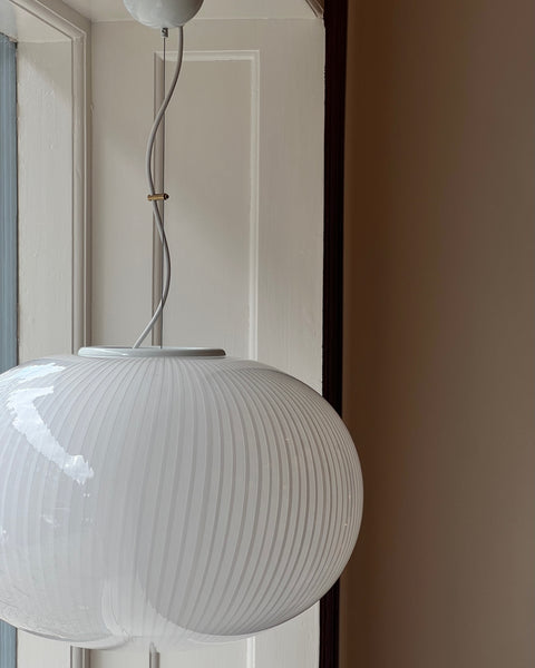 Large vintage oval white stripes Murano ceiling lamp (D50)