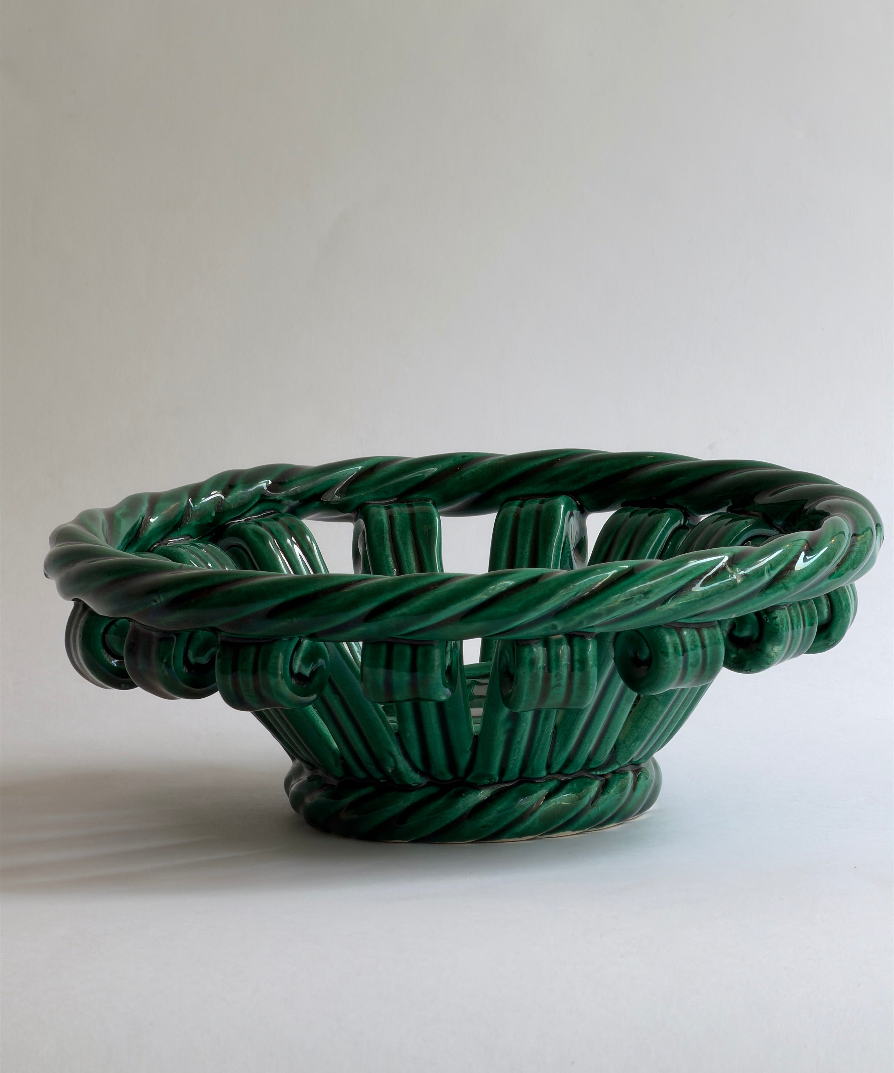 Vintage green ceramic basket