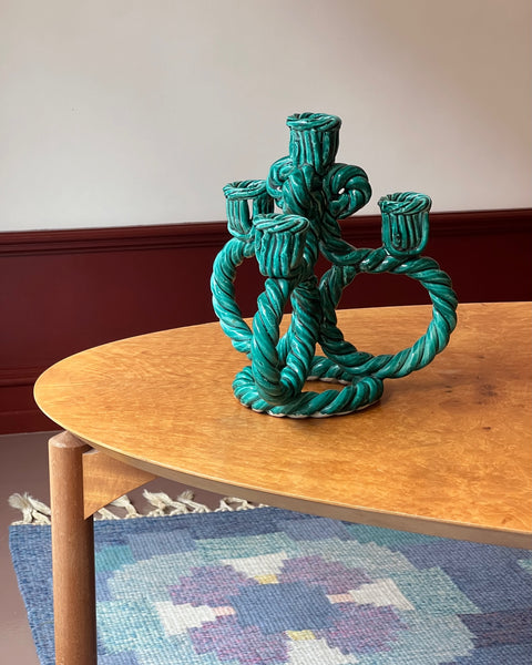 Vintage green twisted ceramic candle holder