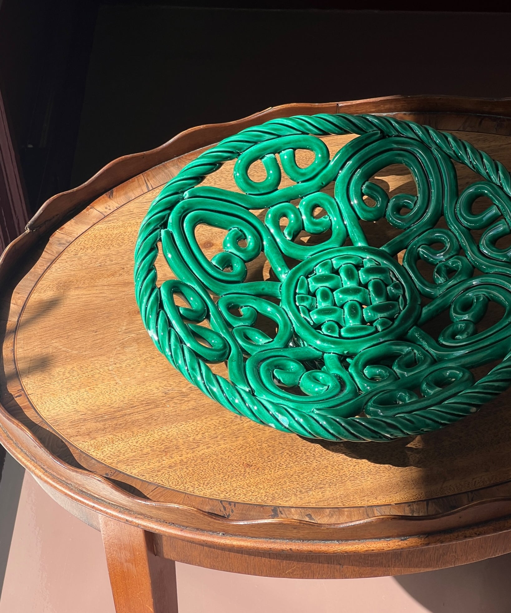 Vintage green ceramic basket