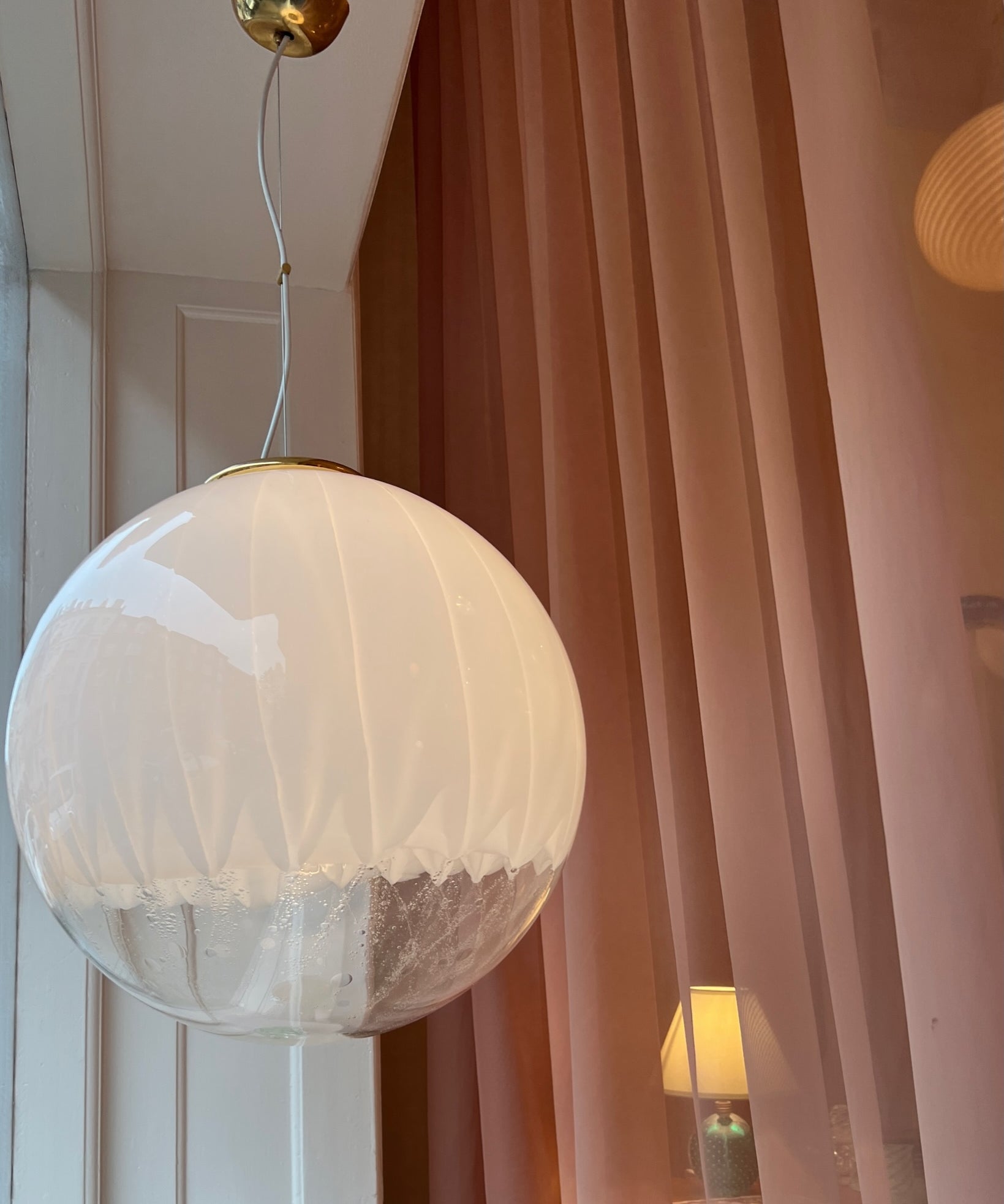 Large vintage white clear Murano ceiling lamp (D50)