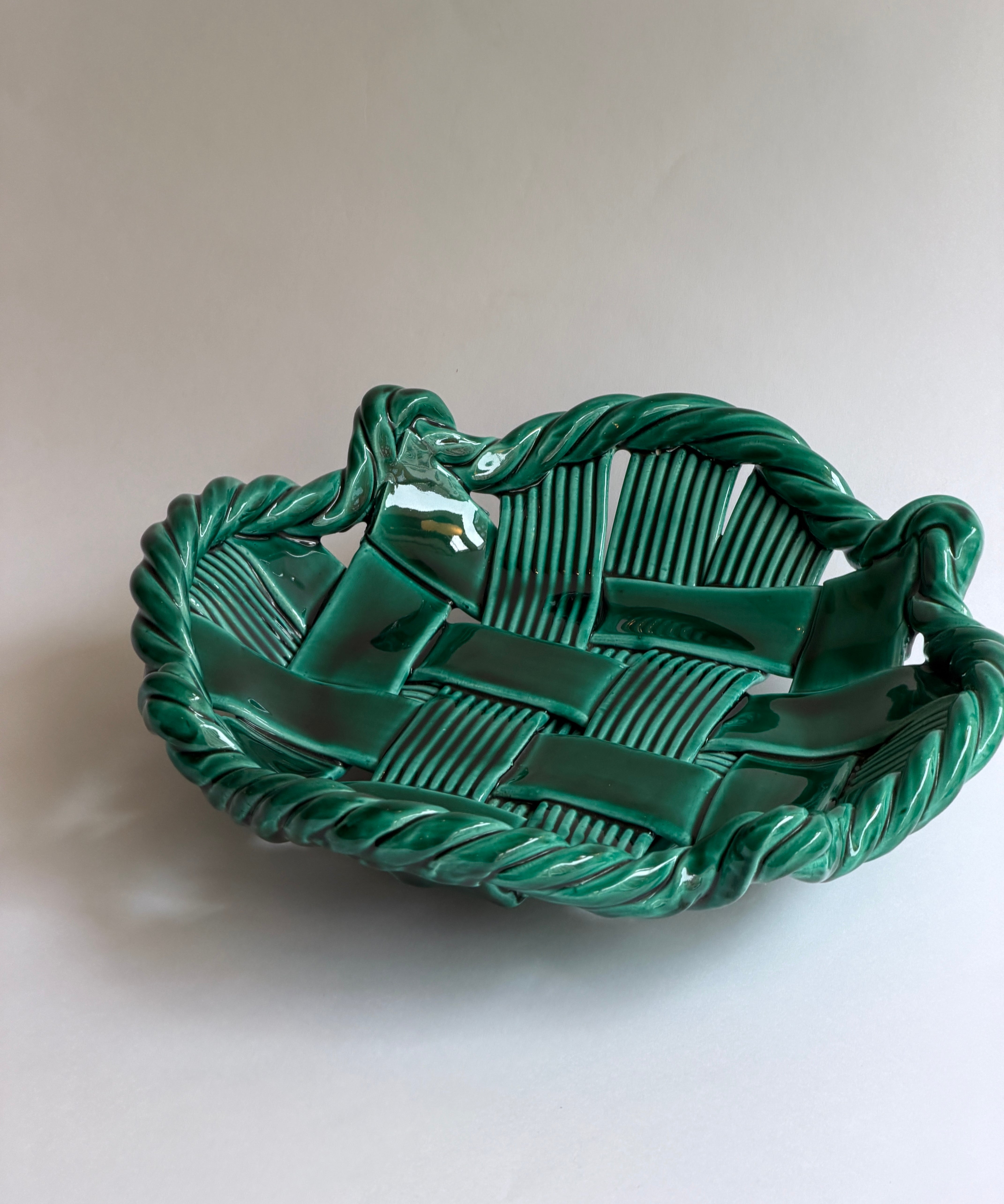Vintage green ceramic basket