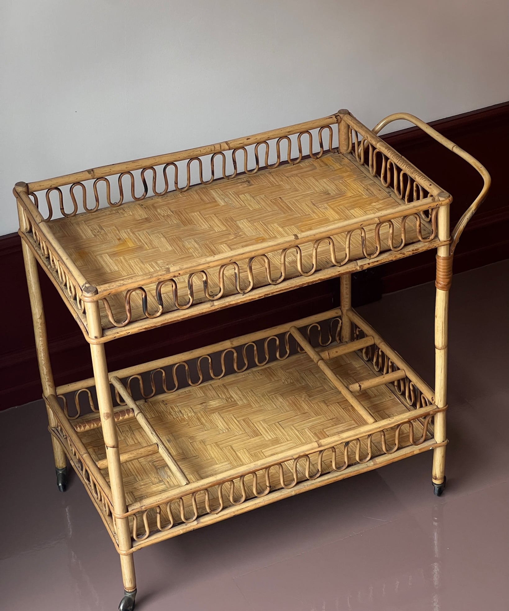 Vintage rattan trolley/table with wheels