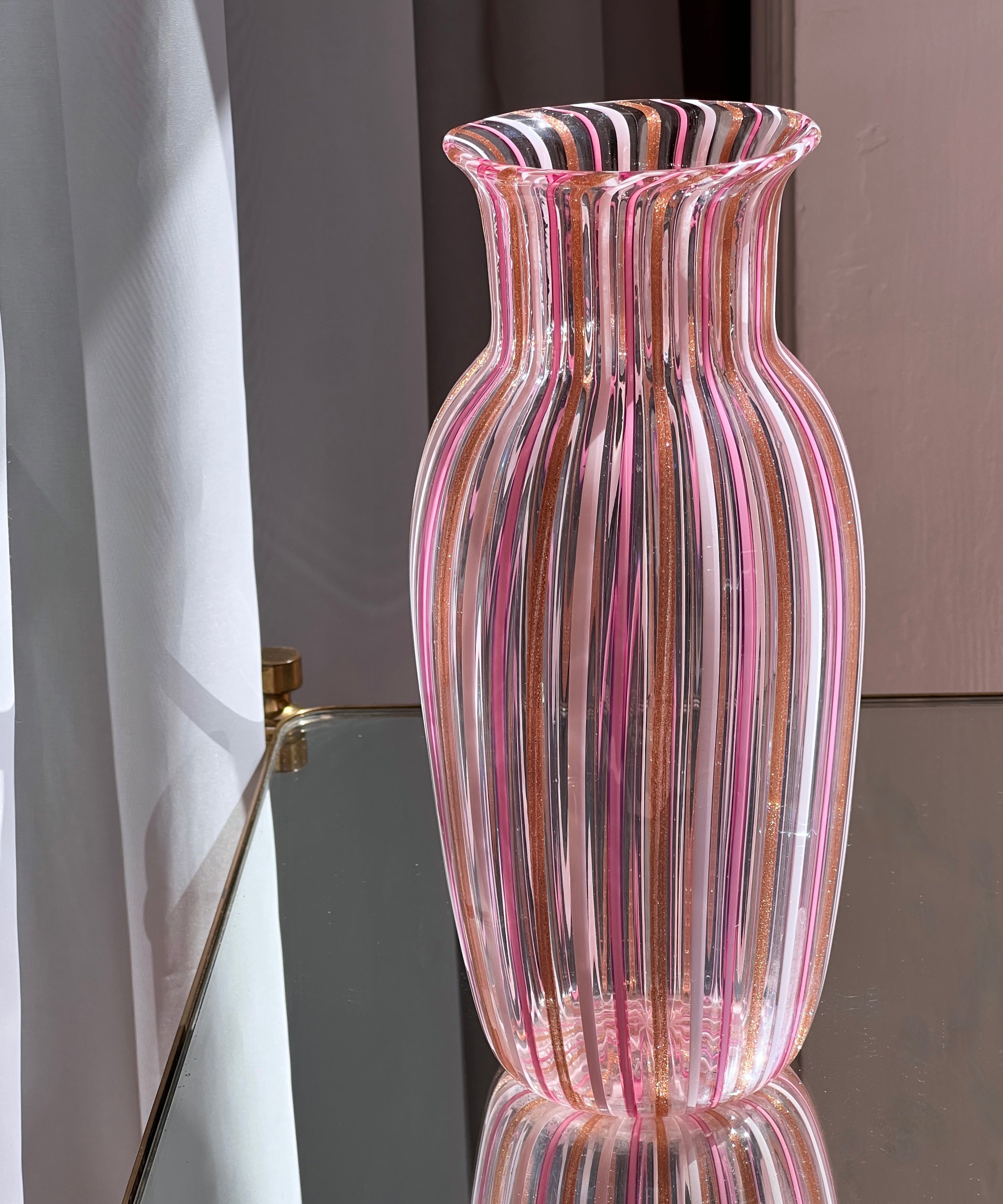 Vintage pink Murano vase with vertical stripes