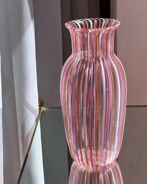 Vintage pink Murano vase with vertical stripes