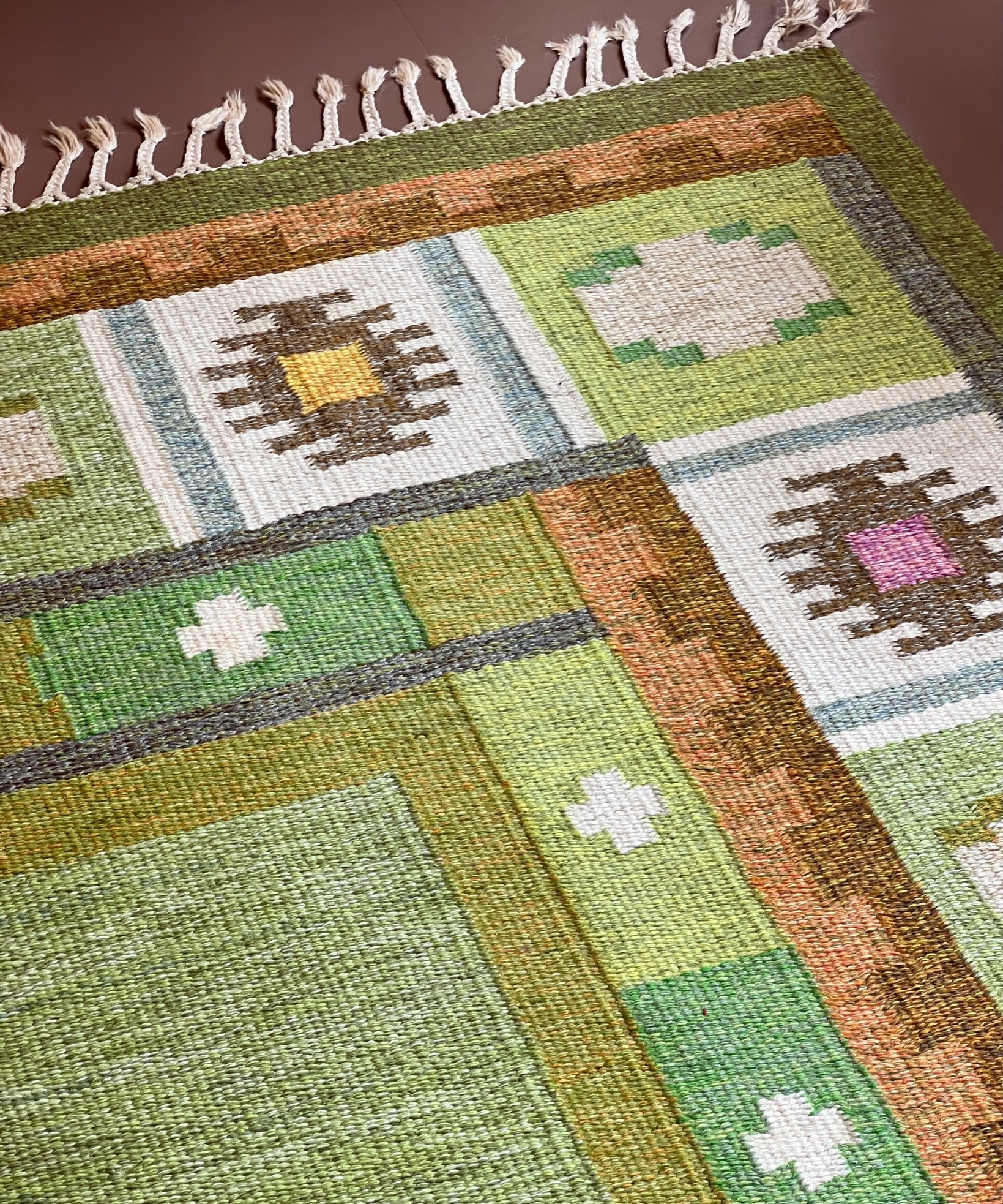 Vintage green flat weave rug by Ingegerd Silow (IS)